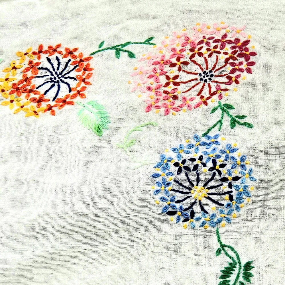 Vintage Embroidered Linen Tablecloth Spring & Summer Flowers Handmade 60 X 48
